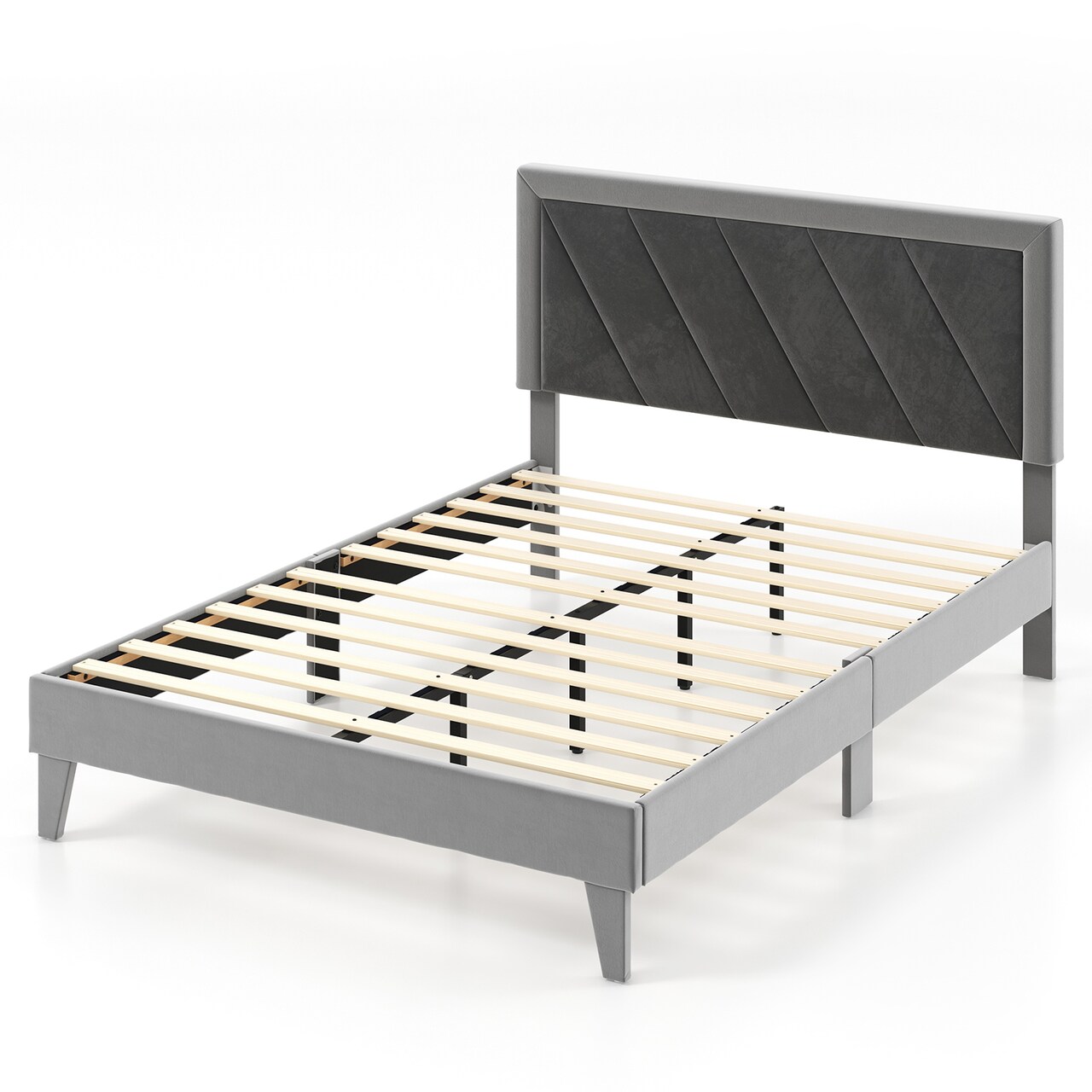 Full/Queen Platform Bed with High Headboard, Wooden Slats, Sturdy Frame, Modern Design